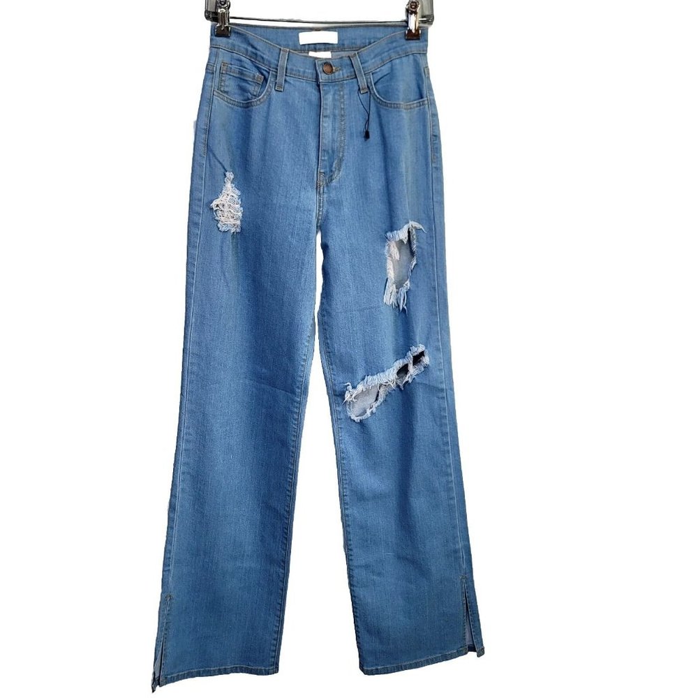 Vibrant MIU Jrs 5 W26 L32 Thrashed Ripped Wide Leg Hi Waisted Jeans Light Demin
